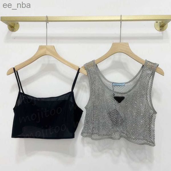 

designer badge t shirts for women flashing rhinestone hollow mesh camisole womens clothing halter tanks, Black