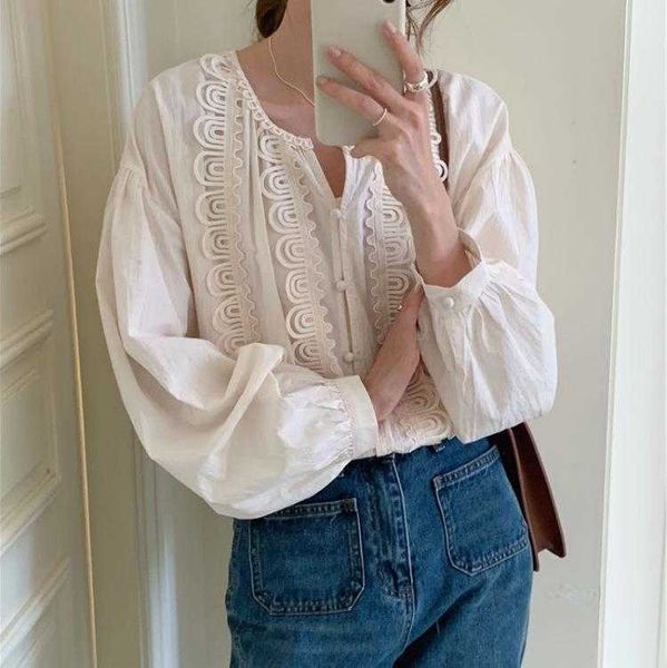 

heavy industry lace patchwork shirt round neck lantern sleeve womens autumn, White