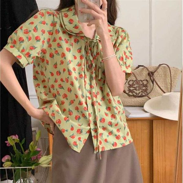 

korean chic summer blouses cute youth looking double layer collar lace up, White