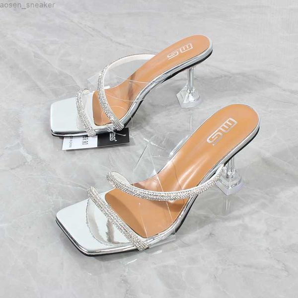

women's high heel sandals 2023 summer new rhinestone belt transparent horseshoe heel slippers fashion party women sandals 7.5cm 0414, Black