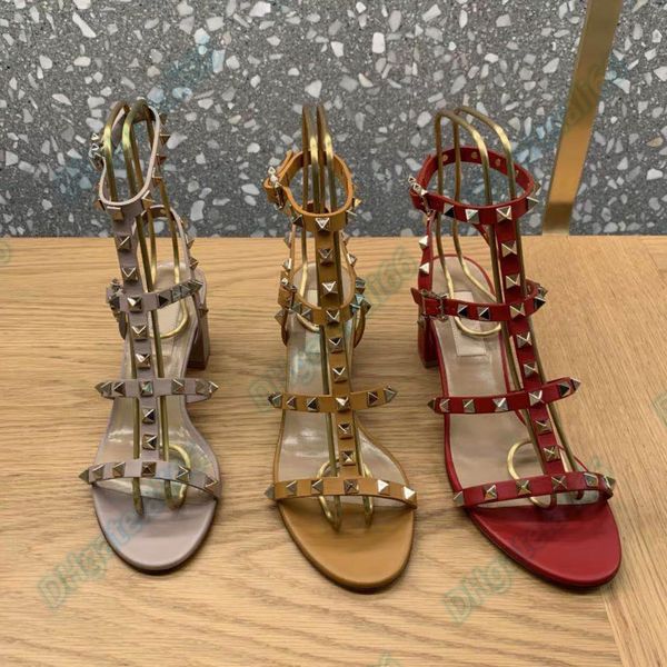 

coarse high heel sandal for woman designer shoe strappy luxury man cage rivet summer with box fashion leather mid-heel slide lady slipper, Black