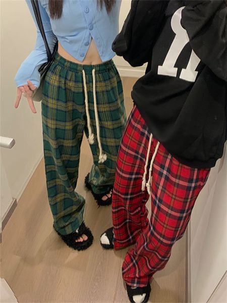 

women's pants s qweek korean fashion red plaid women y2k vintage green oversized wide leg checkered trousers harajuku jogging sweatpant, Black;white