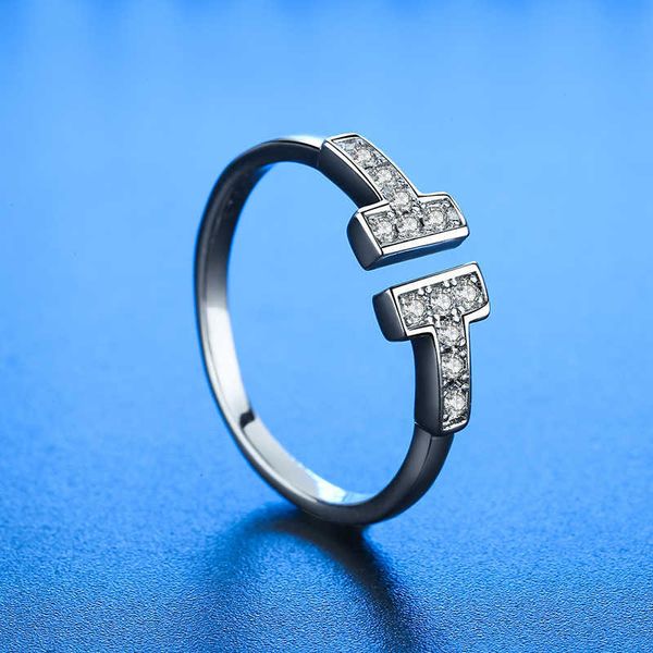 

high-quality tiffay korean version copper silver plated open set diamond double t ring women's simple personality creative type ins mou