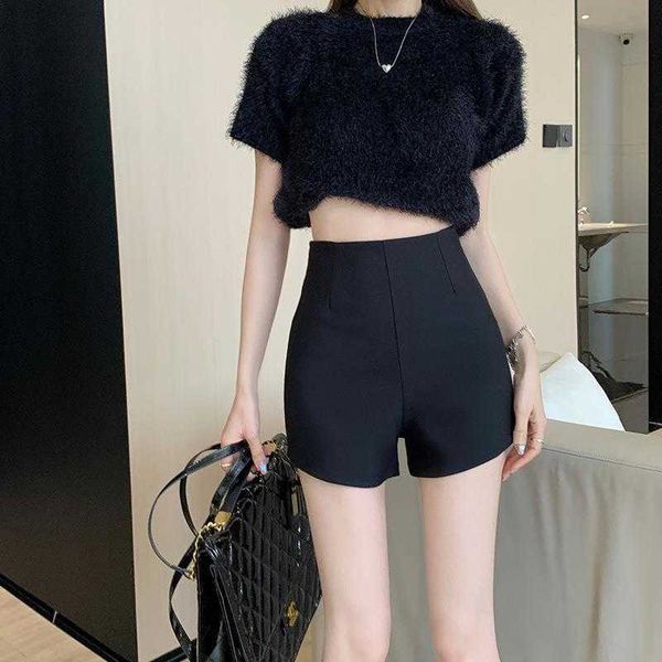 

girl style stretch cotton high waist black shorts womens spring summer slim fit, White;black