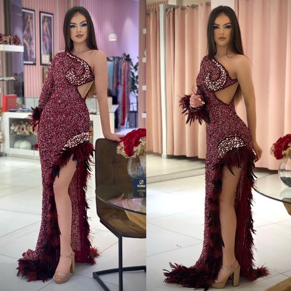 

gorgeous mermaid prom dresses one shoulder cutaway sides shining sequined feathers side split floor length custom made party dress plus size, Black