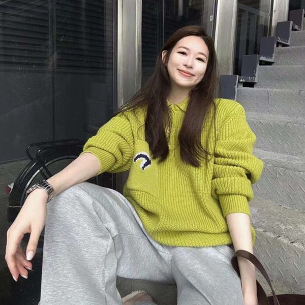 

Women Top Avocado Green Lapel Pocket Pullover Sweater Women's Contrast Jacquard Casual Loose Mid Length Knitted Top Autumn