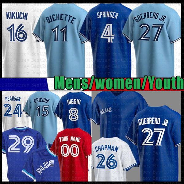 

27 vladimir guerrero jr. jays baseball jersey blue 11 bo bichette george springer yusei kikuchi cavan biggio randal grichuk nate pearson hyu, Blue;black