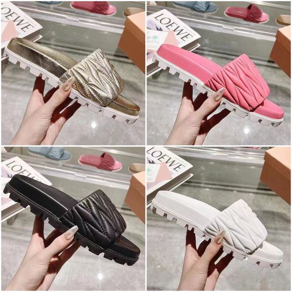 

matelasse slipper designer sandals slides women slippers soft goat leather slipper sandals metal engraved leather sole outdoor summer pool s, Black