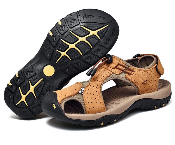 

genuine leather men sandals big size covered toe summer beach shoes breathable hole sneakers outdoor quick drying casual sandals 38-46, Black