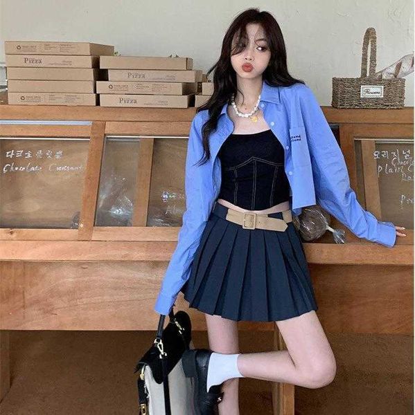 

summer design camisole dress short long sleeve shirt high waist pleated skirt 3, White