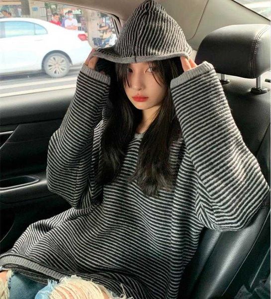 

thickened striped hooded sweater pullover womens mid length outerwear idle, White;black