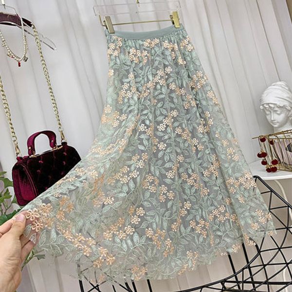 

skirts vintage embroidery tulle skirt women spring flower elastic high waist lace midi skirt korean style elegant a-line mujer falda 230414, Black