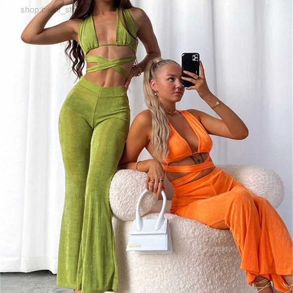

women's two piece pants nibber summer sets women buckle crisscross cleavage intage flare corset high waist club streetwear 220527 wyso, White