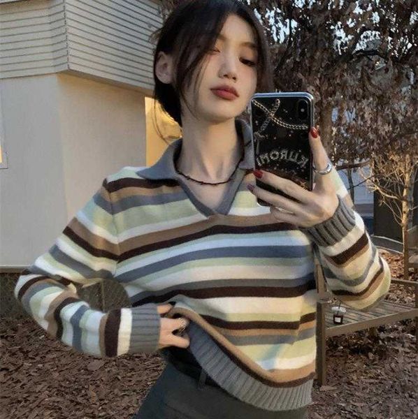 

american retro mixed color womens sweaters stripe knitwear fall lapels thin long, White;black