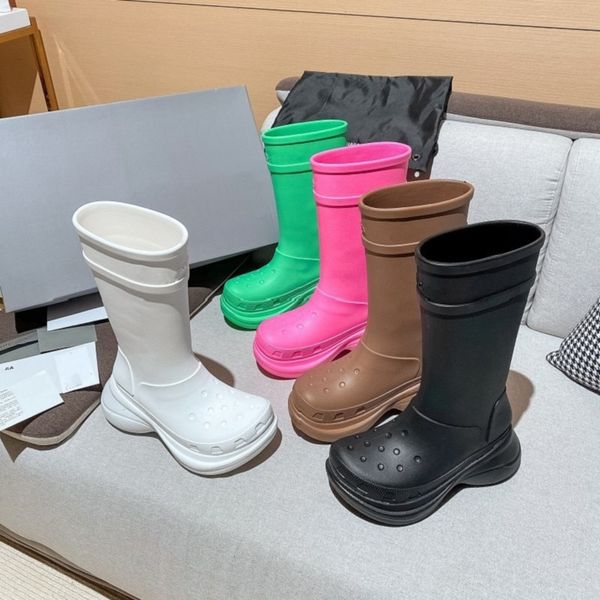 

designer women boot paris rain boots 20mm long arch eva rubber platform knee high booties brown green bright pink black womens luxury shoes