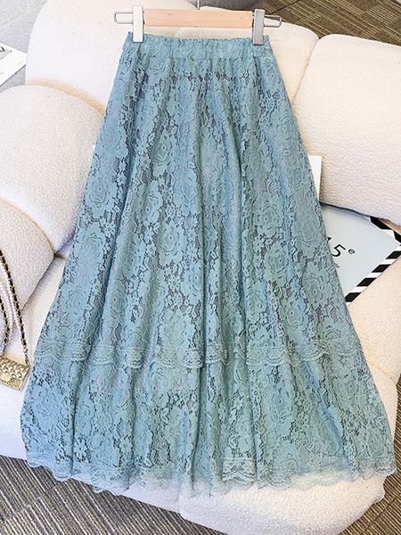

skirts tigena hollow out lace skirt for women spring summer korean elegant all-match a line high waist midi long skirt female lady 230414, Black
