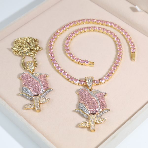 

new fashion hip hop rose flower pendant with rope chain 5mm tennis chain plated two tone necklace jewelry drop ship, Silver