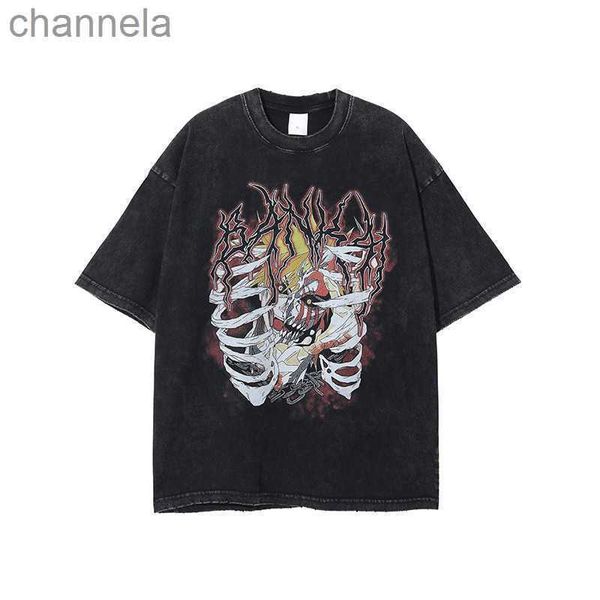 

men's t-shirts rainbowtouches anime printed t-shirts vintage washed t shirt oversized streetwear retro short sleeve blood war tees, White;black