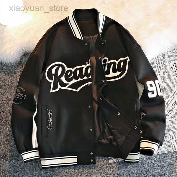 

men's faux letter embroidery leather men jackets coats women's 2023 spring street trend all-match baseball uniform couple loose to, Black