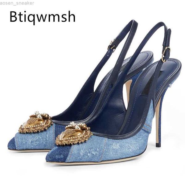 

blue denim gladiator sandals women pointed toe gold metal heart slingback thin high heels woman party shoes 0414, Black