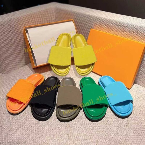 

2023 designer pool pillow women mules sandals sunset flat comfort mules padded front strap black green blue slippers flats slides good