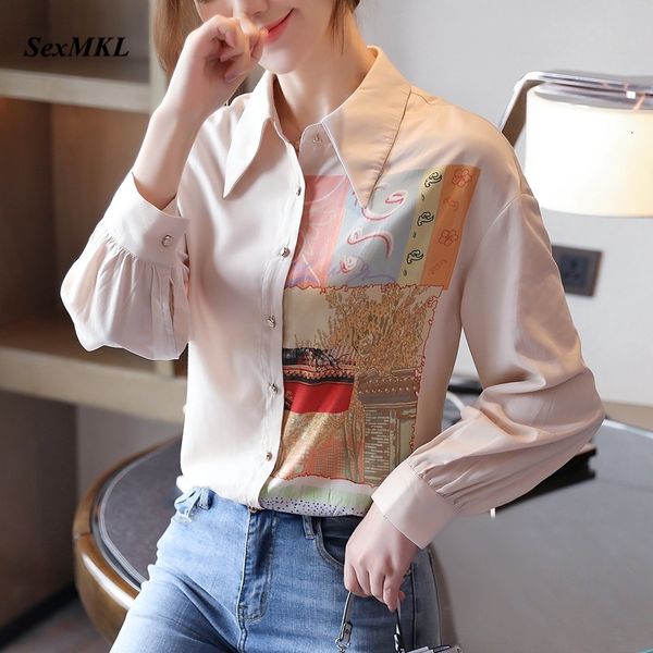

women's blouses shirts women elegant vintage blouses korean style fashion long sleeve ol ladies women's clothing printed office s, White