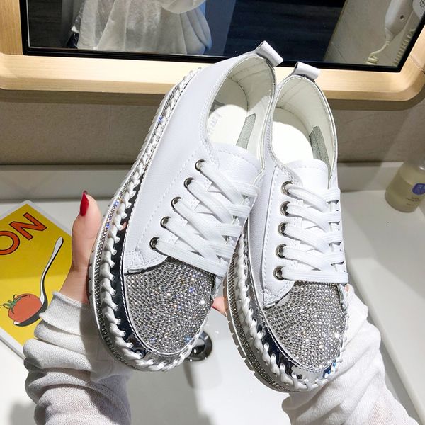 

dress shoes comemore spring fashion bling lace up ladies casual comfortable round toe platform sneakers white women crystal shoe 2023 230414, Black