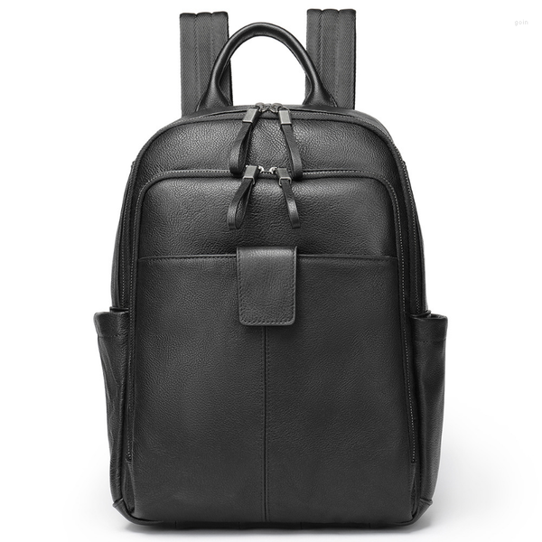 

backpack simple men genuine cow leather bagpack business 14 inch lapcomputer back pack college student school bag black