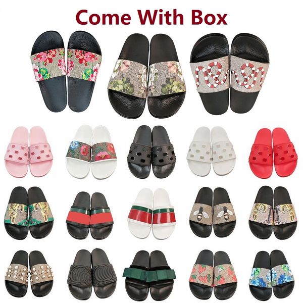 

with box mens designers slides womens slippers fashion luxurys floral slipper leather rubber flats sandals summer beach shoes loafers gear b, Black