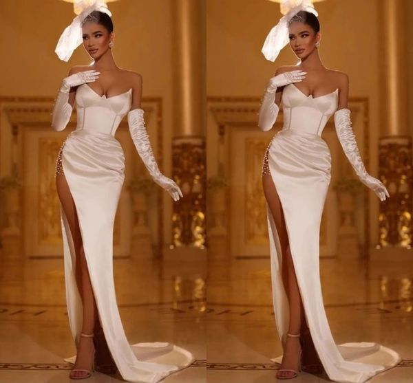 

elegant plus size mermaid wedding dresses sweetheart floor length backless high side split pearls pleats draped satin garden sceond receptio, White