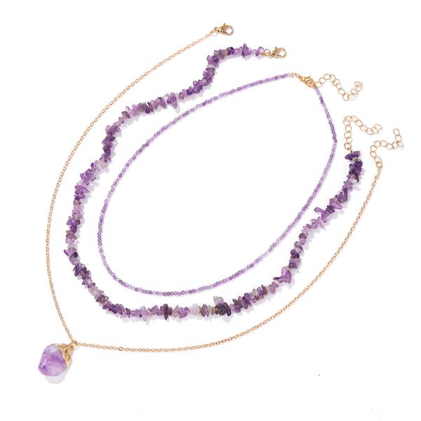 

3pcs/set natural raw gravel chip stone necklace beaded choker minimalism colorful healing stone crystal summer necklace, Golden;silver