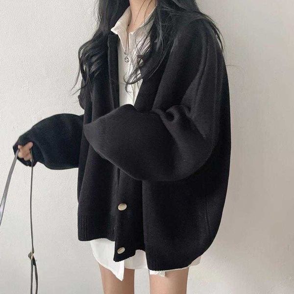 

chic autumn and winter lazy loose sweater coat versatile long sleeved single, White;black