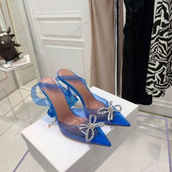 

amina muaddi womens sandals leather sole designer high heels 10cm crystal bow diamond chain decoration banquet women lightblue silk wedding, Black