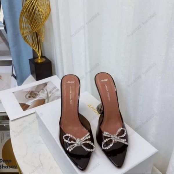 

amina muaddi womens sandals leather sole designer high heels 10cm crystal bow diamond chain decoration banquet women lightblue silk wedding, Black