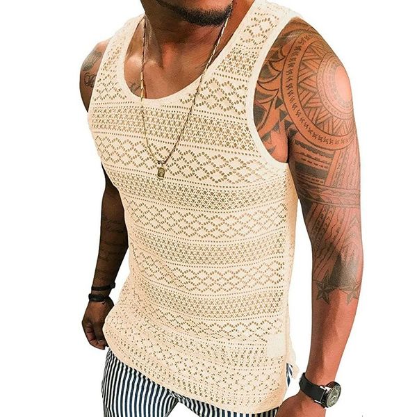 

men' tank hollow breathable vest summer see through crewneck sleeveless muscle mesh shirts 230414, White;black