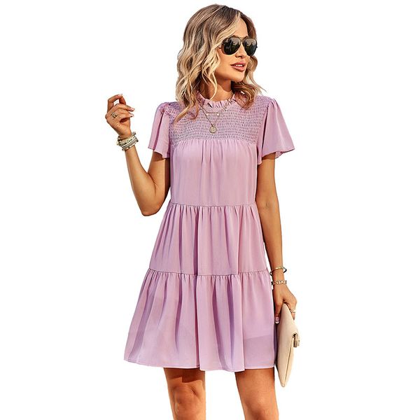 

ruched neck a-line women's casual dresses pullover button closure back crew high waist mini short length ruffled short sleeves paneled, Black;gray