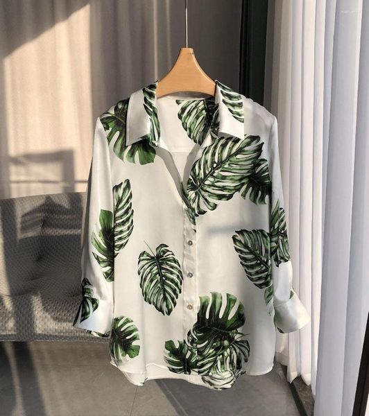 

women's blouses women silk leaf printing elbow sleeve blouse shirt top, White