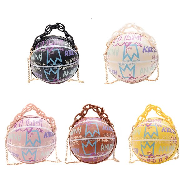 

evening bags women personality graffiti round ball soft pu leather crossbody acrylic chain handbags and purses female basketball 230414