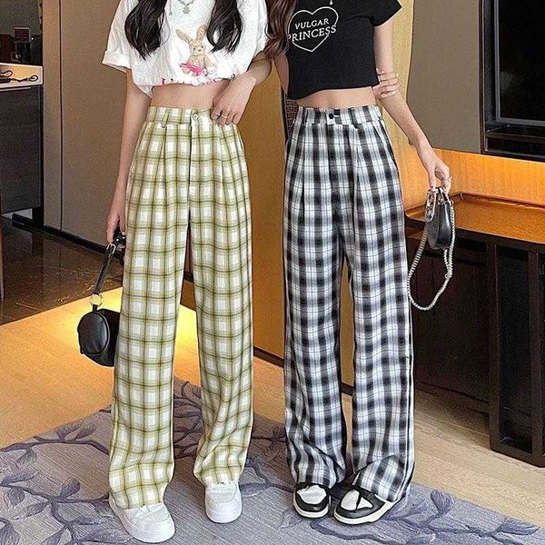 

thin plaid straight leg pants womens summer hong kong style loose high waist, Black;white