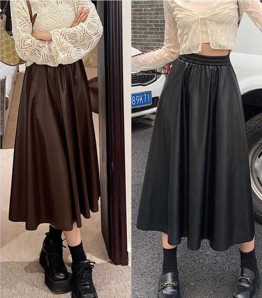 

retro pleated large hem leather skirt autumn elastic high waist slimming flab, Black