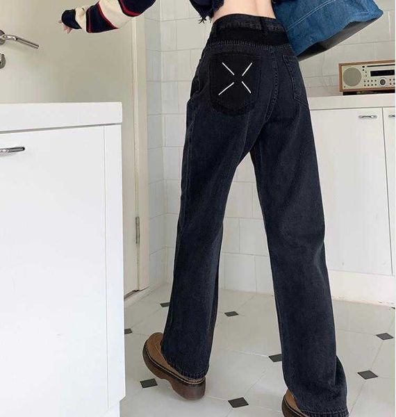 

retro bright line jeans pocket wide leg trousers for women autumn high waist, Blue