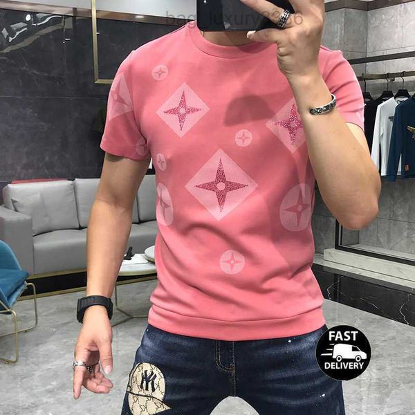 

men's t-shirts luxury new printing mercerized cotton rhinestone casual male slim tees designer round collar short sleeve clothes pink b, White;black