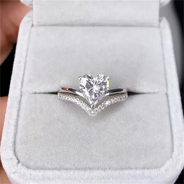 

delicate silver color white zircon stones heart rings for women fashion bridal engagement wedding ring set jewelry gift gc2036, Golden;silver