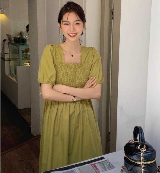 

chic summer french square collar dress mustard green white smocking elastic, Black;gray