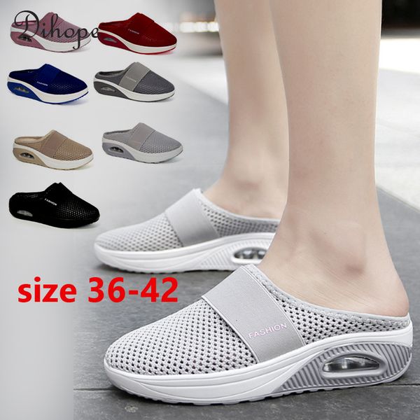 

dress shoe walking air cushion slip on orthopedic ladies platform mules mesh lightweight slippers wedge female sneakers 230414, Black