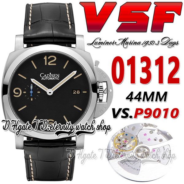 

44mm mens watch sv1312 p.9010 vsp9010 stainless steel case black dial blue hands luminous stick markers leather strap with white line super, Slivery;brown