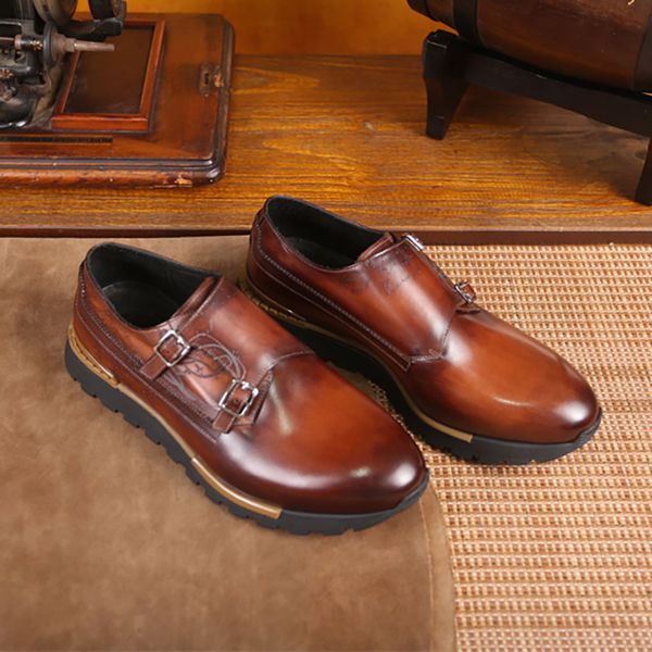 

berluti classic men's sports leather shoes handmade and hand drawn comfort casual and business high-end luxury, Red;white