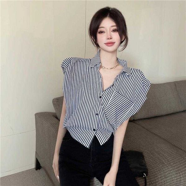 

hong kong style leisure sleeveless striped pocket shirt ins summer slim fit, White