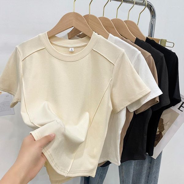 

women's t shirts solid color round neck short sleeve slim t-shirt women 2023 summer foreign air age reduction, White