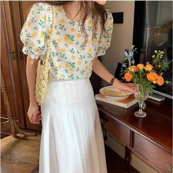 

womens korean style floral dresses round neck puff sleeve with high waist, White